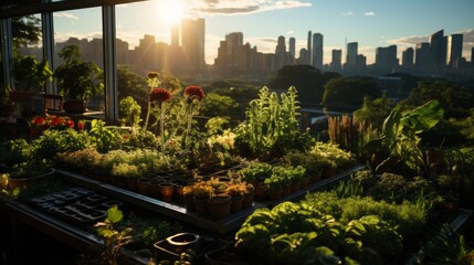Fototapeta premium A rooftop garden in a bustling city at sunset, urban farmers tending to vibrant rows of fresh vegeta