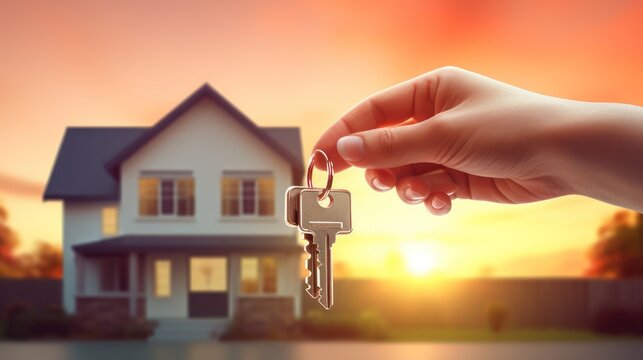 View of handing over the keys to purchasing a house, with a house background, real estate property business background wallpaper.