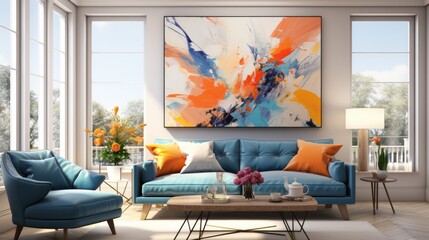 A modern abstract canvas painting, with bold strokes and vibrant hues, encased in a sleek frame, set