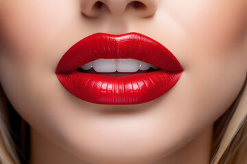 Fototapeta premium Close Up of Womans Lips With Bright Red Lipstick