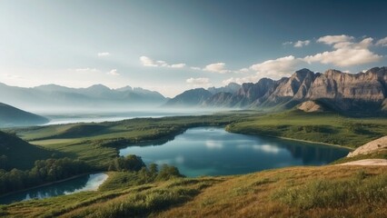 Fototapeta premium Explore a vast and diverse open world landscape of diverse hills, towering mountains and breathtaking lakes