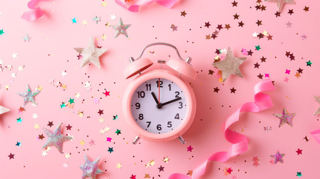 pink Alarm clock and glitter decoration on a pink, festive background