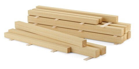 Multiple stacked construction timber wood beams over white background, construction industry or material concept