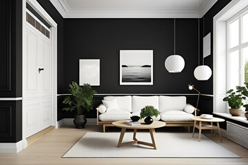 Black and white modern and minimalist living room interior design. Scandinavian architecture with beautiful furniture and sofas. Plants, vases, lamps.
