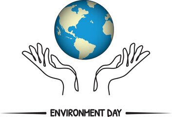 Environment Day Vector, Line art illustration of two hands with a globe on top.