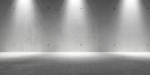 Abstract empty, modern concrete room with three downlight spots on the back wall and rough floor - industrial interior background template - obrazy, fototapety, plakaty