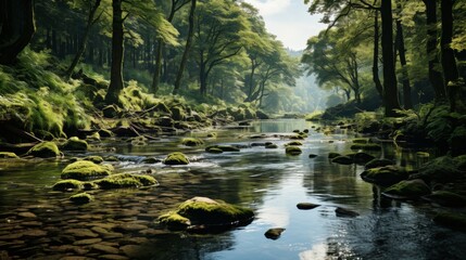 Obraz premium A tranquil river meandering through a lush forest, light filtering through the canopy, creating dapp