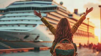 A woman with outstretched arms faces a large cruise ship, capturing the feeling of freedom and anticipation.