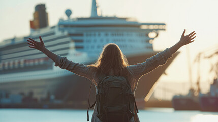 Fototapeta na wymiar A woman with outstretched arms faces a large cruise ship, capturing the feeling of freedom and anticipation.