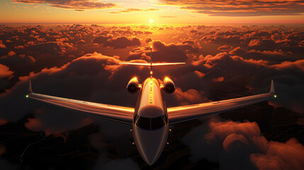 A private jet soars above a sea of golden clouds illuminated by the setting sun, embodying luxury and freedom.