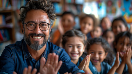 Fototapeta premium Teacher with glasses smiling in the school classroom with his students happy and applauding, celebrating teacher's day. Education, learning at school.