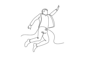 One continuous line drawing of flying man to achieving his dreams. Teamwork concept single line draw design vector illustration. Dream come true. Achieving goals.