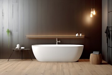 Fototapeta na wymiar bathroom with bathtub and dark wood wall