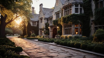A historic manor house at dusk, the fading sunlight casting a golden hue over the stone façade, the