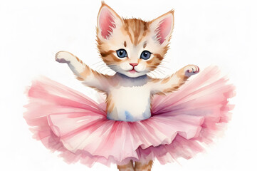 Watercolor illustration of a cat dancing ballet on a white background. Cute ballerina, ballerina girl, kitten, cat in ballet dress - obrazy, fototapety, plakaty