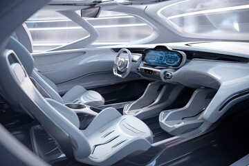 Concept of futuristic car interior with traditional wheel and two seats - 739314534
