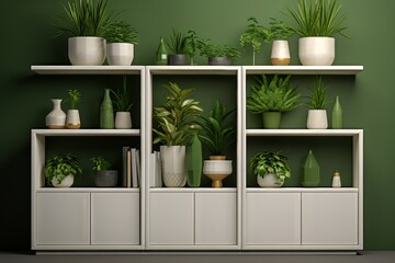 Modern living room decor with assorted potted plants on white shelving units
