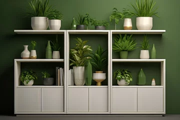 Foto op Plexiglas Modern living room decor with assorted potted plants on white shelving units © santiago