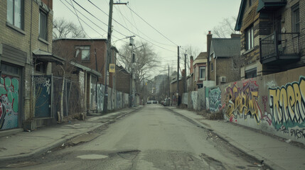 Fototapeta na wymiar Abandoned dirty street in poor, dangerous, criminal neighborhood