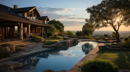 Fototapeta premium A grand country estate amidst rolling hills, the elegant architecture and manicured gardens reflecti