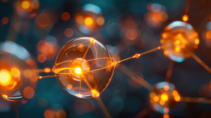 Close-up of a molecular structure with glowing orange atoms connected by bonds - obrazy, fototapety, plakaty