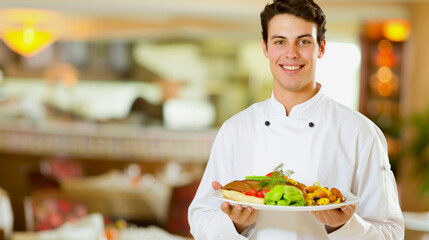 Male caucasian waiter holding dish in restaurant