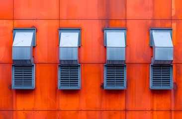 Air conditioner on the red facade of a building. Industrial background.