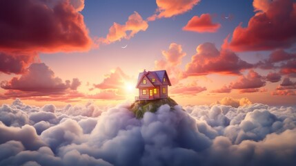 Real estate property background wallpaper, image of a house above the clouds with a sky background like in a fairy tale. - obrazy, fototapety, plakaty