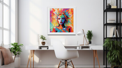 A mockup of an office with a blank white empty frame, presenting a colorful, contemporary digital artwork.