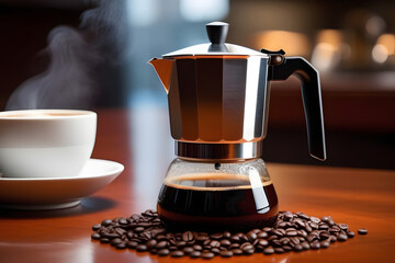 Coffee Maker on Wooden Table Next to Cup of Coffee
