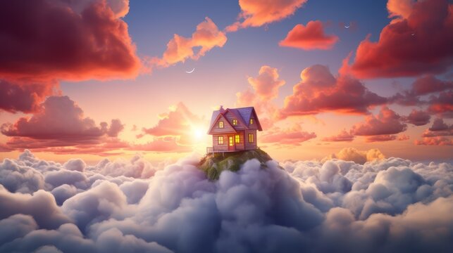Real estate property background wallpaper, image of a house above the clouds with a sky background like in a fairy tale.