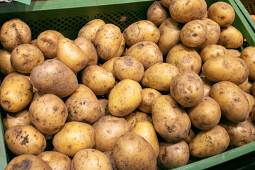 Pile of fresh potatoes on display in tray
