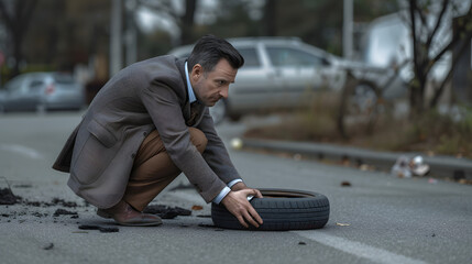 A businessman fixing a flat tire on his way to an important meeting demonstrating resilience and problem-solving skills. - obrazy, fototapety, plakaty