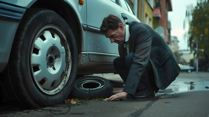 A businessman fixing a flat tire on his way to an important meeting demonstrating resilience and problem-solving skills. - obrazy, fototapety, plakaty