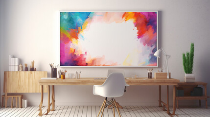 A mockup of an office with a blank white empty frame, presenting a colorful, contemporary mixed-media artwork.