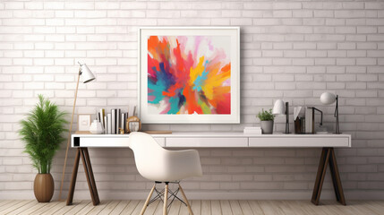 A mockup of an office with a blank white empty frame, presenting a vibrant, abstract digital artwork.