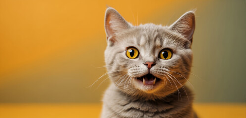 Young crazy funny surprised British short hair cat make big eyes and open mouth closeup on yellow orange background with copy space, funny animal portrait 