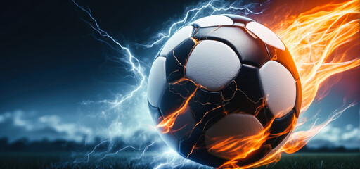 soccer ball with flames and lightning flying like a comet on night sky, blue and orange background