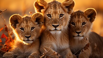 Obraz premium A pride of lions resting under a tree in the golden light of dawn, serene and powerful, capturing th