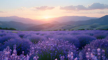 A serene lavender field, with rolling hills as the background, during twilight