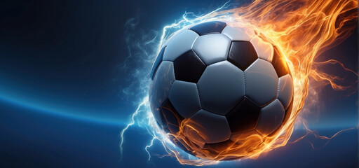 soccer ball with flames and lightning flying like a comet on night sky, blue and orange background