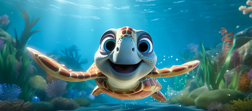 Illustration of a happy turtle smiling under the sea. Colourful cartoon coral under water in ocean. Generative Ai.