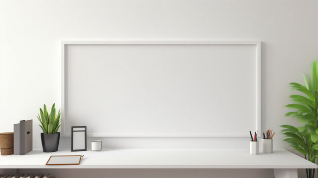 A mockup of an office with a blank white empty frame, presenting a colorful, artistic digital rendering.