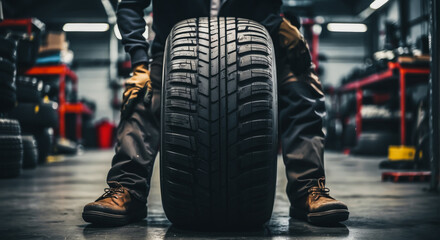 tire at repairing service garage background. Technician man replacing winter and summer tire for safety road trip. Transportation and automotive maintenance concept  - obrazy, fototapety, plakaty