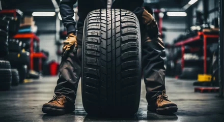 Foto op Plexiglas tire at repairing service garage background. Technician man replacing winter and summer tire for safety road trip. Transportation and automotive maintenance concept  © Roman
