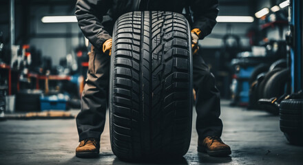 tire at repairing service garage background. Technician man replacing winter and summer tire for safety road trip. Transportation and automotive maintenance concept  - obrazy, fototapety, plakaty
