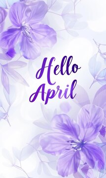 Abstract background with watercolor colorful splashes and flowers. Hello April handwritten modern calligraphy lettering. Spring concept background.