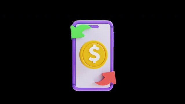 Digital Transaction 3D Icon Animation Alpha Channel Close up of a cell phone with a dollar sign