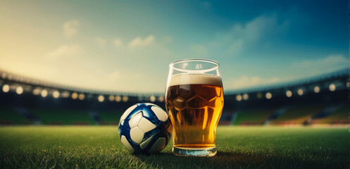 Two beer glasses standing on the grass of the pitch with a ball in the background, a beer...