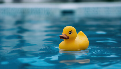 close up view of a yellow rubber duck floating in water in an outdoor swimming pool with bokeh background - Powered by Adobe